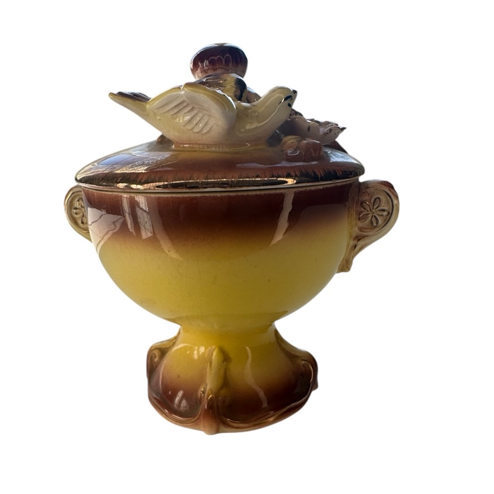 Vintage Ceramic Lidded Bowl with Bird Design - Yellow and Brown